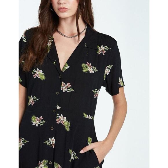 VOLCOM - STORMY TROPIX SS DRESS Black Mini Dress Summer Floral Size Large - Picture 2 of 9